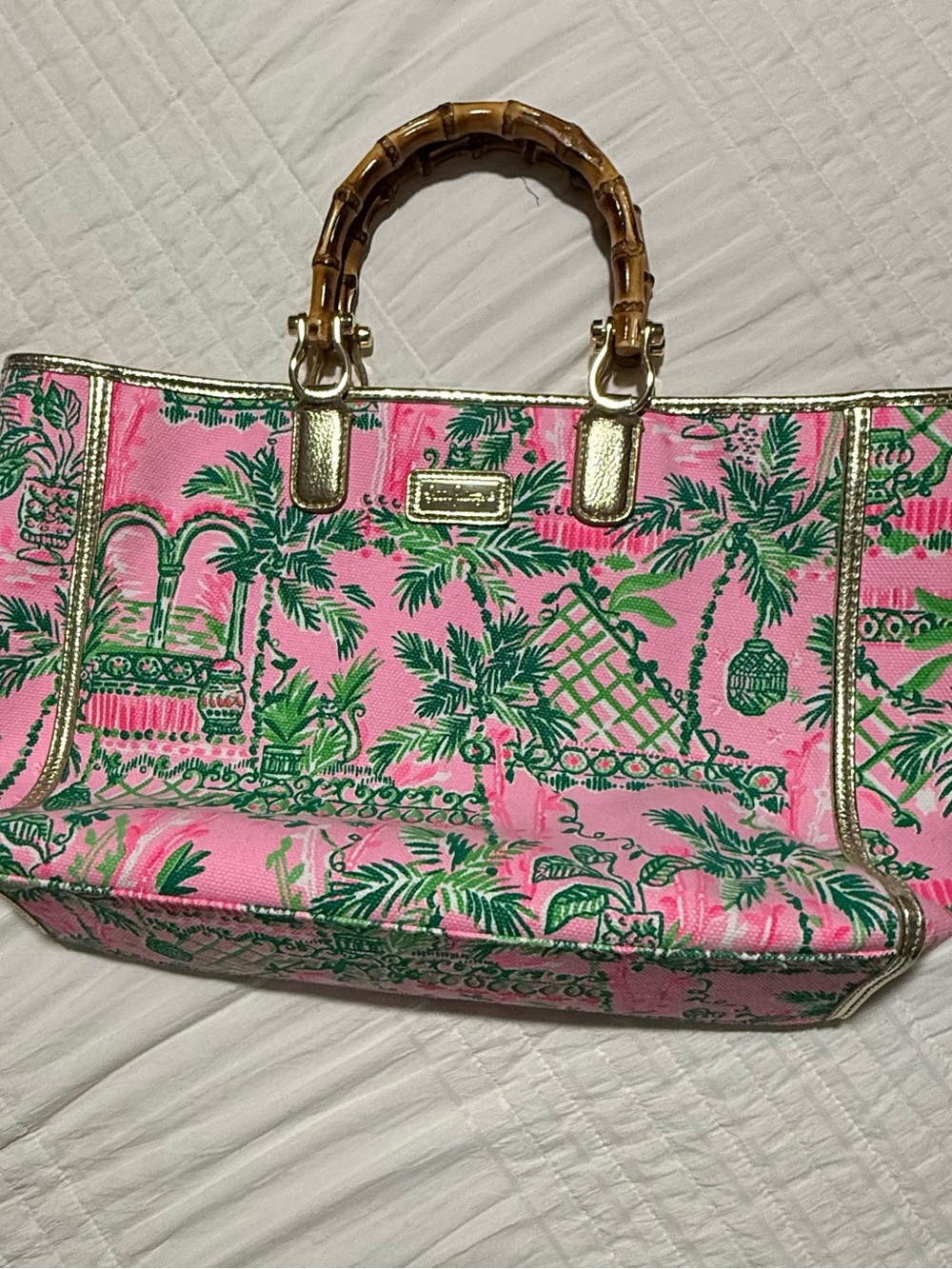 💗 🌴Lilly Pulitzer Greydon Pink Tropical Print Tote with Bamboo Handles 💚🌴